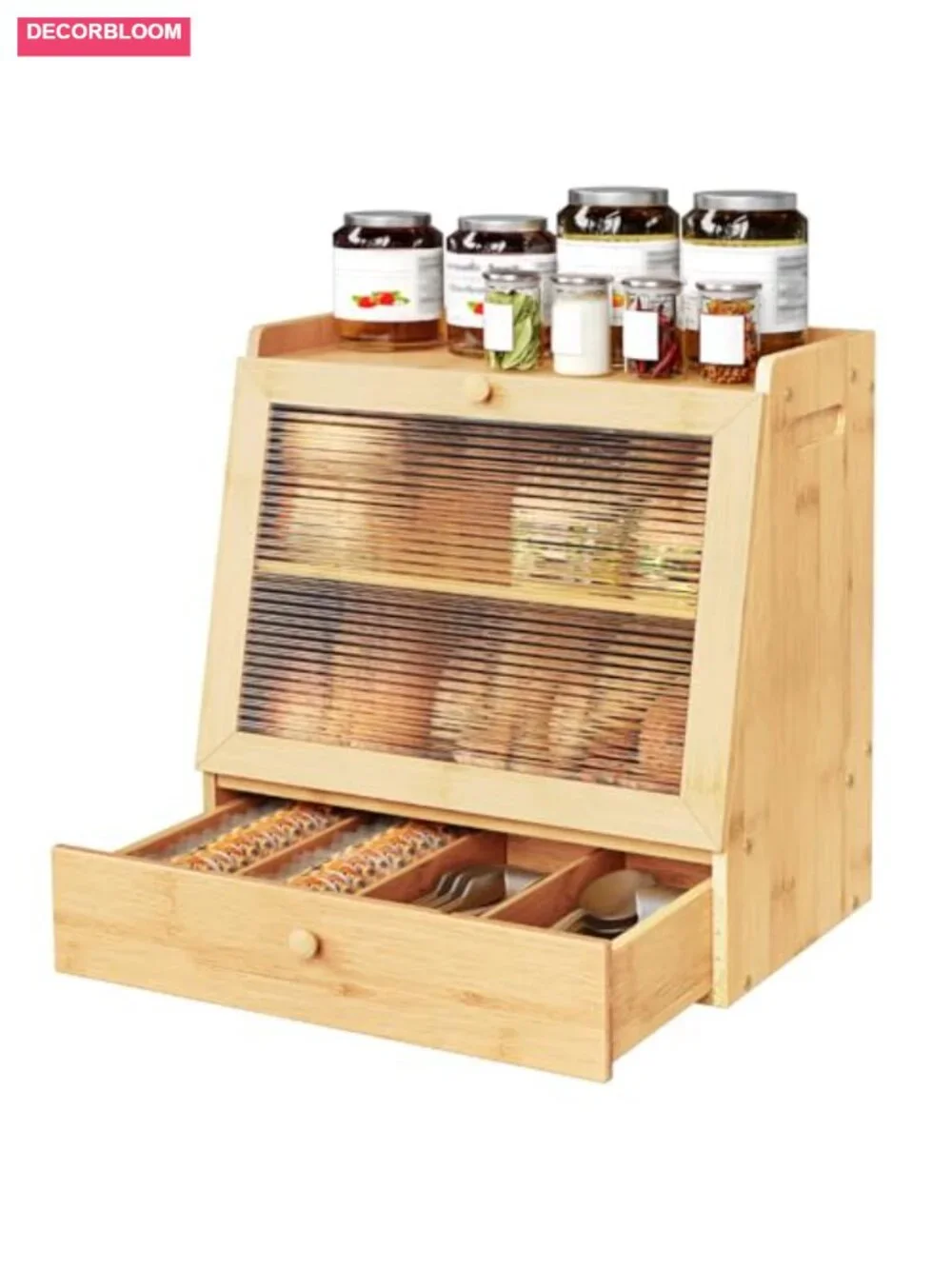 2-Tier Bamboo Bread Box with Acrylic Door and Drawer for Kitchen Countertop